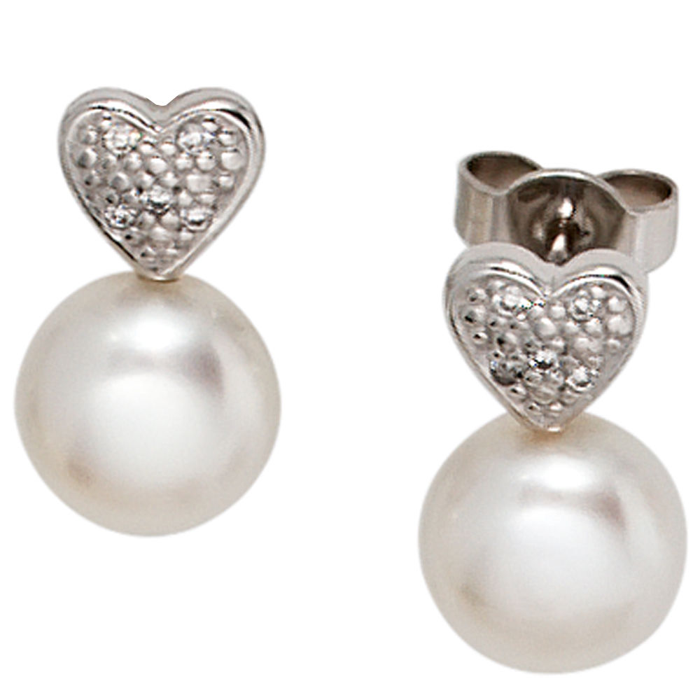 JOBO Ohrstecker Herz 585/- Weißgold 2 Süßwasser Perlen 10 Diamanten Ohrringe