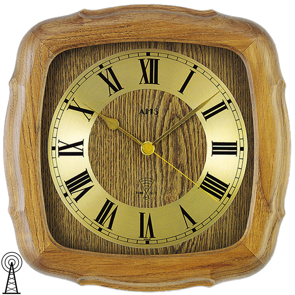 AMS Funkwanduhr Aus Eichenholz – Rustikales Design Mit Mineralglas & Goldener Akzent, 26x26 Cm