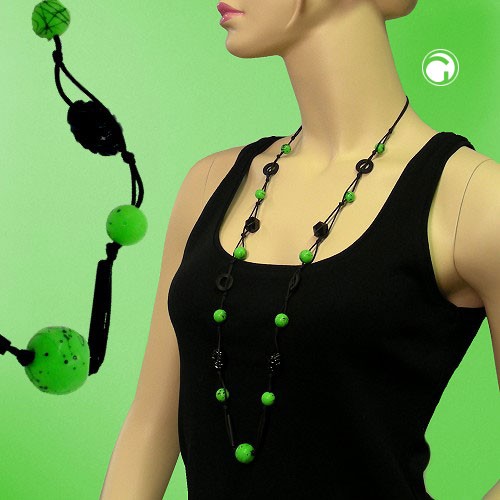 Collier Halskette Fadenperle grün-schwarz Kordel 95cm