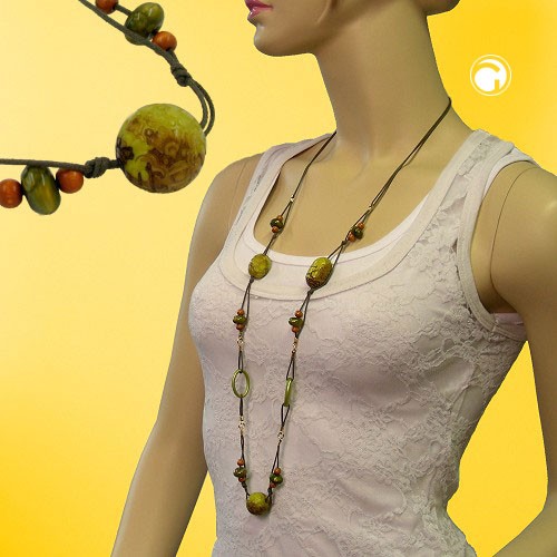 Collier Halskette oliv-hellgrün Holzperle ocker 95cm