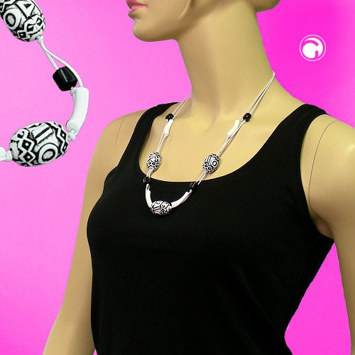 Collier Halskette Olive graviert schwarz-weiß 63cm