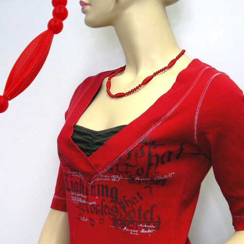 Halskette Rillenolive und Perle rot 50cm