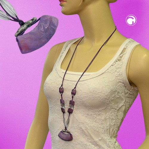Collier Halskette Rohr flach lila altsilber 90cm