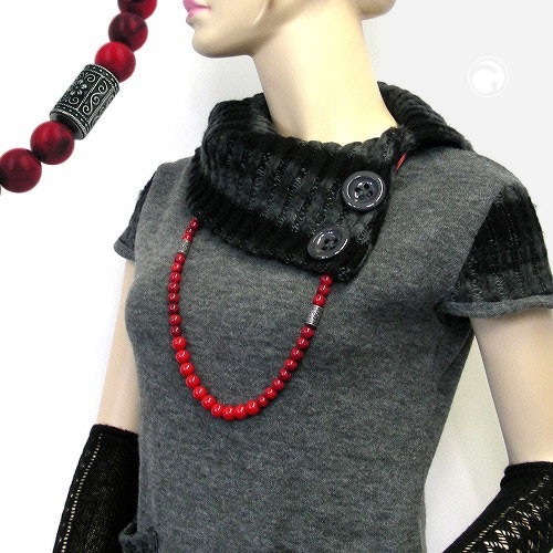 Collier Halskette Perle rot Walze altsilberfarbig 90cm