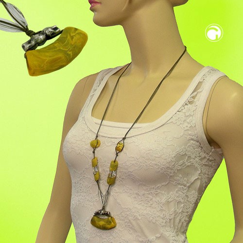 Collier Halskette Rohr flach gelb-oliv altsilber 95cm