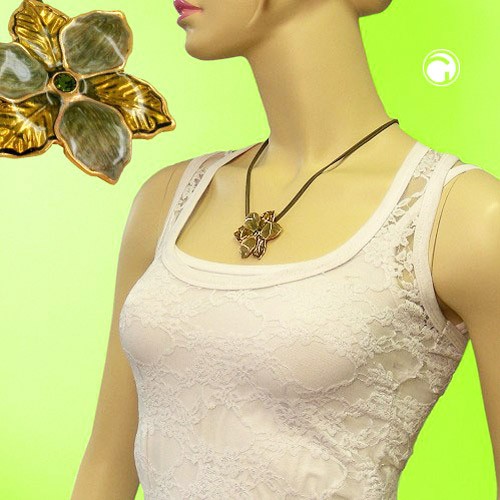Collier Halskette Blume oliv-gold Email 50cm