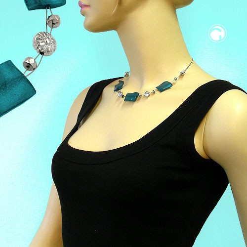 Collier Halskette Viereck petrol-seidig auf Draht 45cm