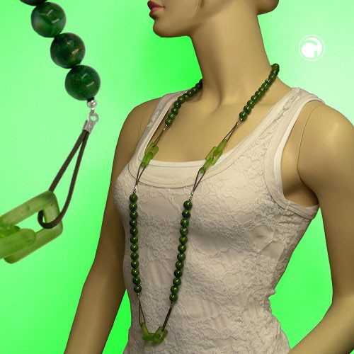 Collier Halskette Perlen grün marmoriert Kordel 110cm