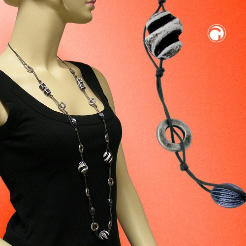 Collier Halskette Perlenkette schwarz-grau-silber 110cm
