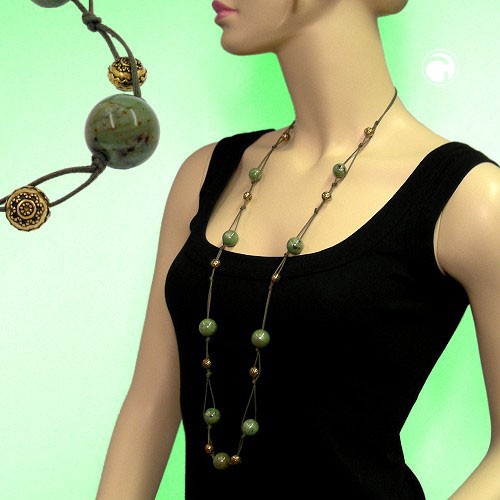Collier Halskette Perlen grün-braun-seide altgold 100cm