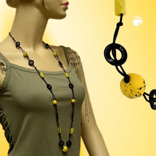Collier Halskette Perlenkette gelb Fäden schwarz 100cm