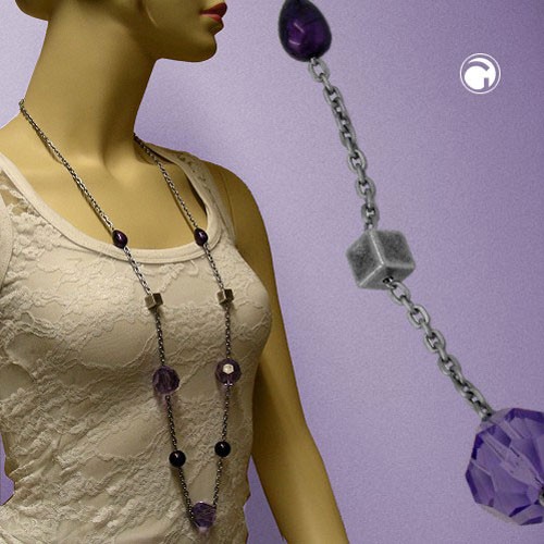 Collier Halskette Facettenperle lila Ankerkette 100cm
