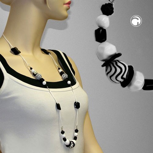 Collier Halskette schwarz-weiß Kordel weiß 100cm