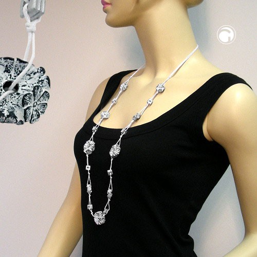 Collier Halskette Blumenringe grau-weiß 100cm