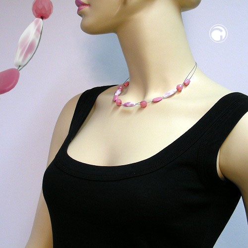 Collier Halskette Glas sattrosa-weiß Draht 45cm