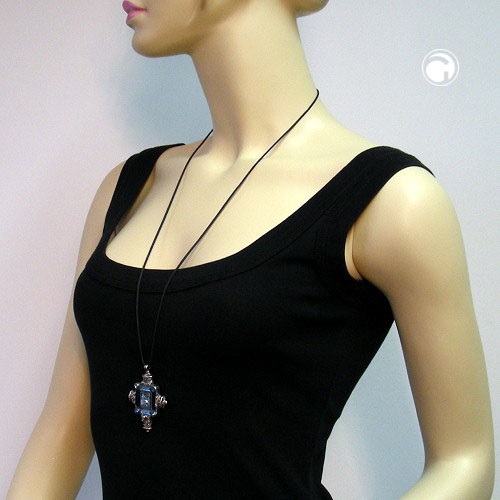 Halskette Kreuz altsilber blau-türkis 90cm