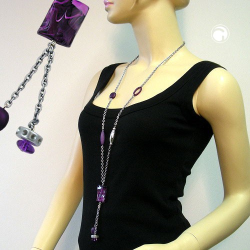 Collier Halskette Viereck lila-weiß-marmoriert 90cm