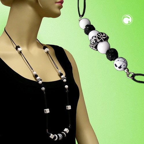 Collier Halskette Perlen und Würfel schwarz-weiß 98cm