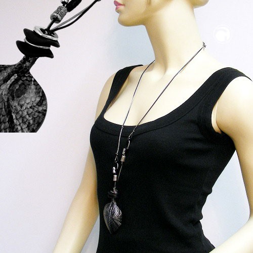 Collier Halskette Schuppenblatt schwarz-grau 95cm