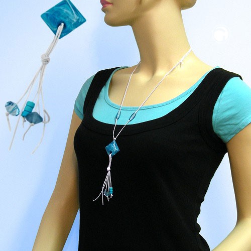 Collier Halskette Viereck türkis-weiß 90cm