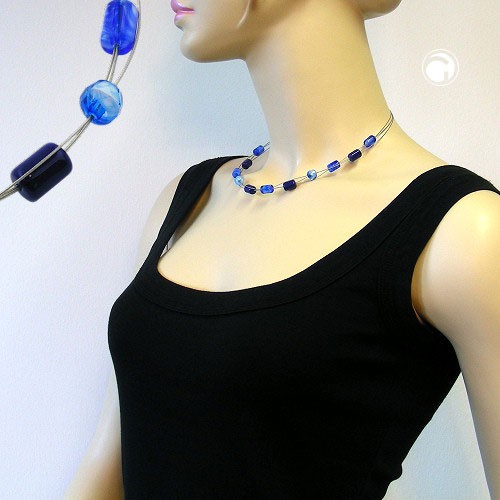 Collier Halskette Glasperlen blautöne Draht 45cm