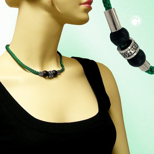 Collier Halskette schwarz-matt-chrom Kordel grün 45cm