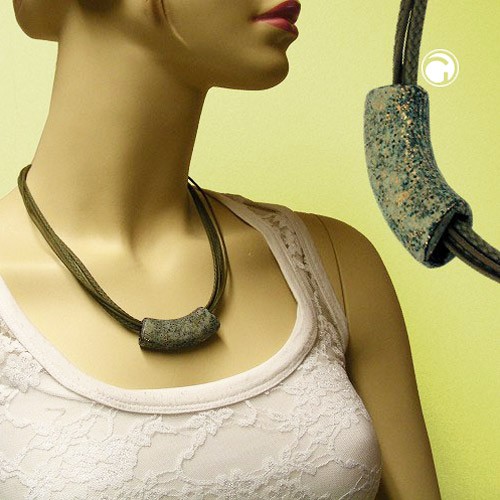 Collier Halskette Rohr flach-gebogen stein-oliv 45cm