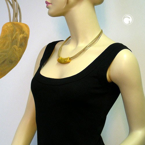 Collier Halskette Rohr flach-gebogen oliv-gelb 50cm