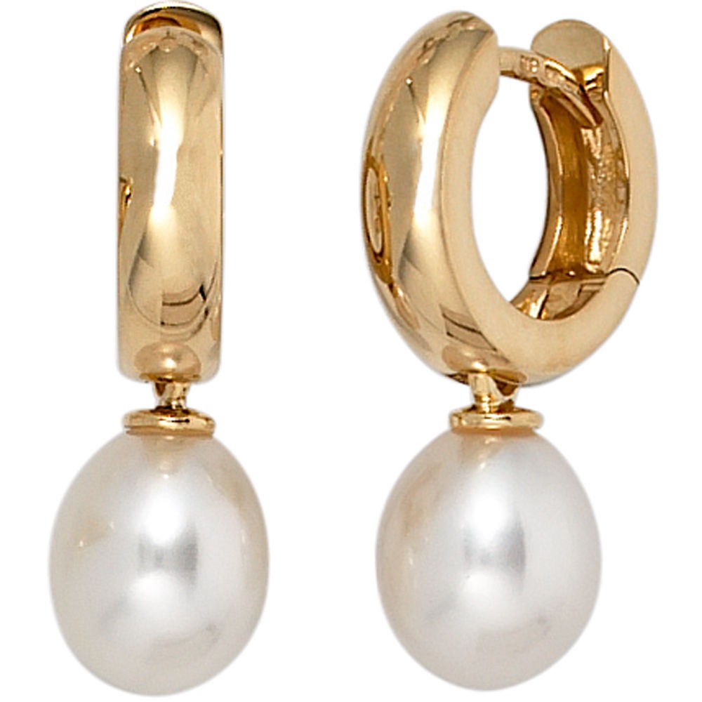 Creolen 585 Gelbgold 2 Süßwasser Perlen Ohrringe