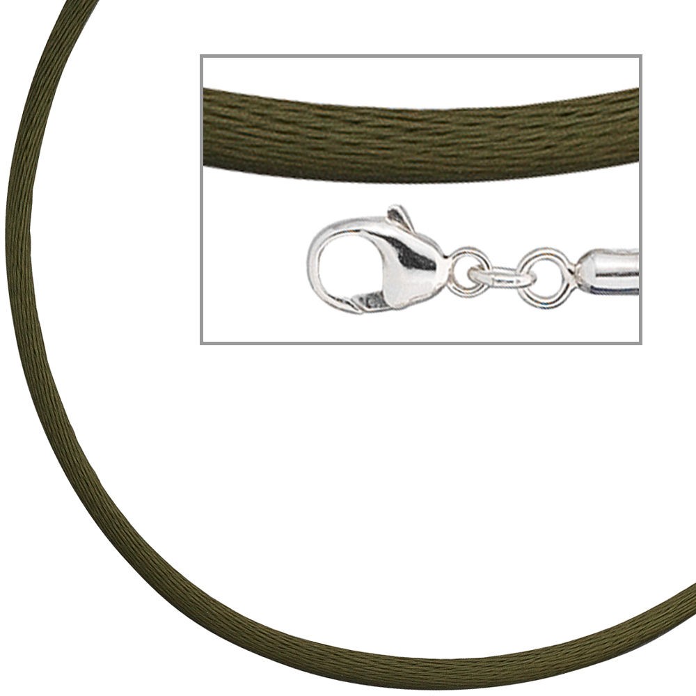 Collier Halskette Seide oliv grün 2,8mm 42cm, Verschluss 925 Silber Kette