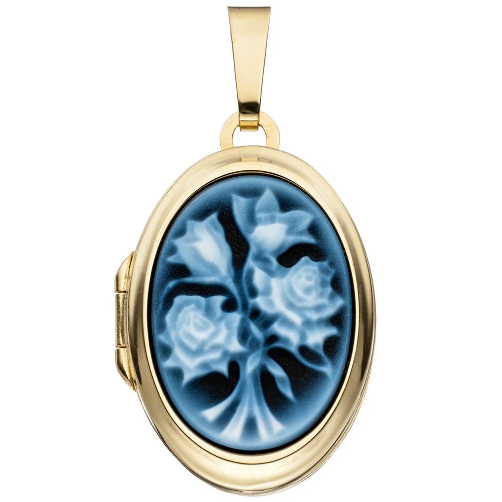 Medaillon oval 585 Gelbgold 1 Lagen Kamee Blumen Anhänger zum Öffnen