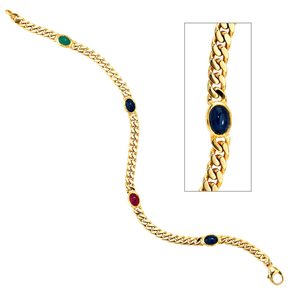 Armband 585 Gelbgold massiv 19cm Safir Rubin Smaragd Cabochon Goldarmband