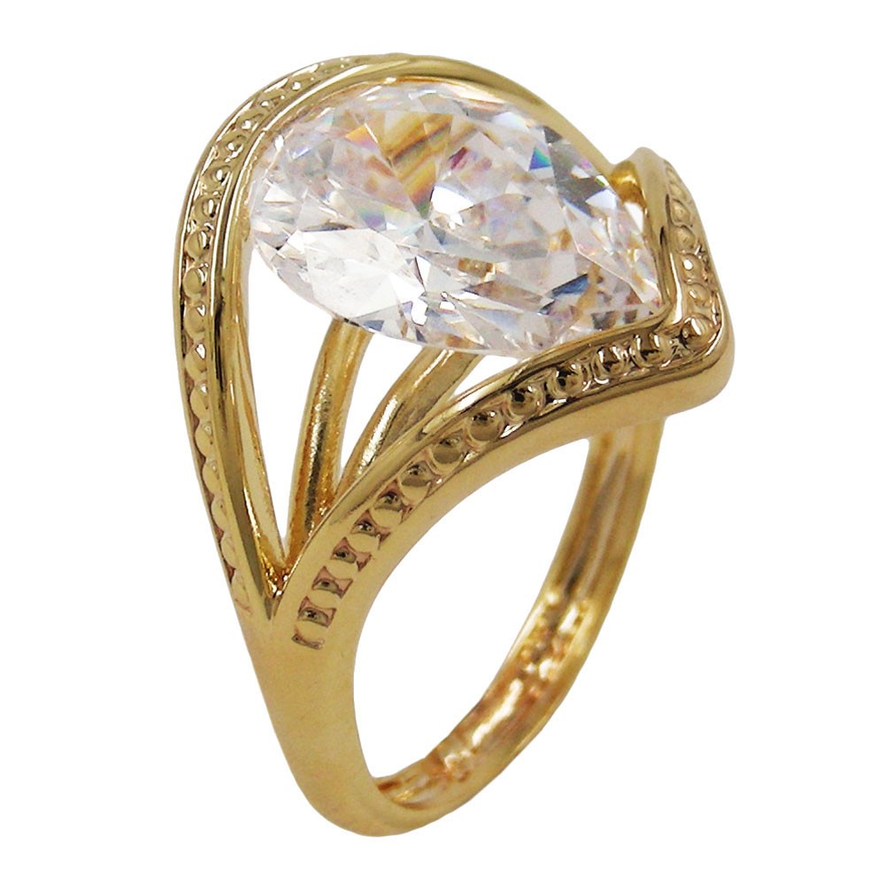 Ring mit großem Zirkonia in Tropfenform 3 Mikron vergoldet Größe 58