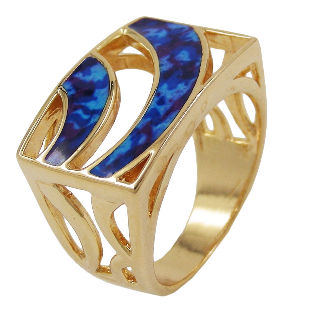 Ring blau-marmor gold-plattiert Größe 58