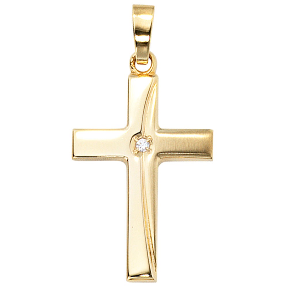 Anhänger Kreuz 333 Gelbgold mattiert 1 Zirkonia Kreuzanhänger Goldkreuz