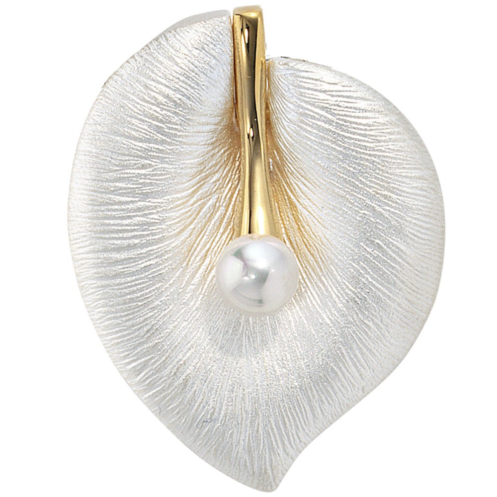 Anhänger Blatt 925 Silber bicolor mattiert 1 Süßwasser Perle Perlenanhänger