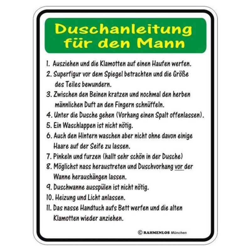 geprägtes Blechschild - Duschanleitung für den Mann