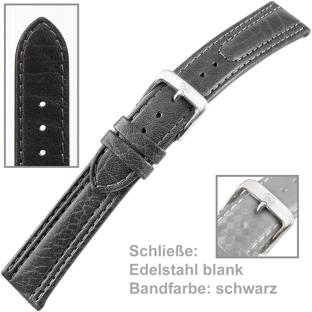 Uhrenarmband Men 20mm Kalbleder mit leichtem abgenähten Wulst schwarz