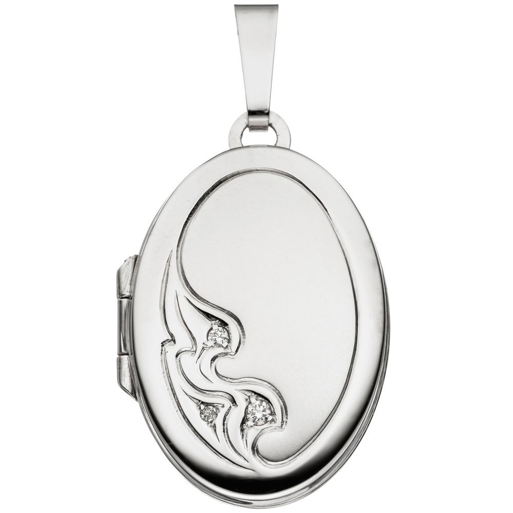 Medaillon oval 585 Weißgold mattiert 3 Diamanten Anhänger zum Öffnen