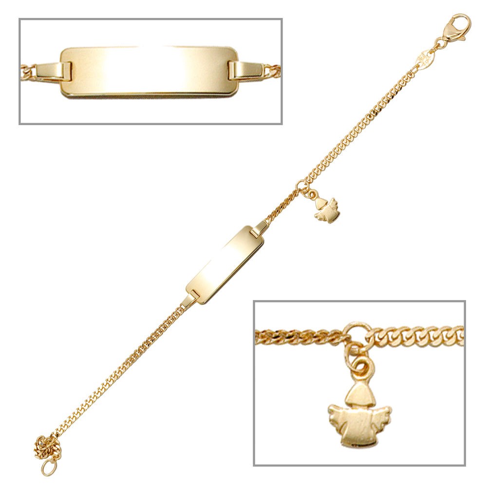 Schildband Engel 585 Gelbgold 14cm Gravur ID Armband Schutzengel Karabiner