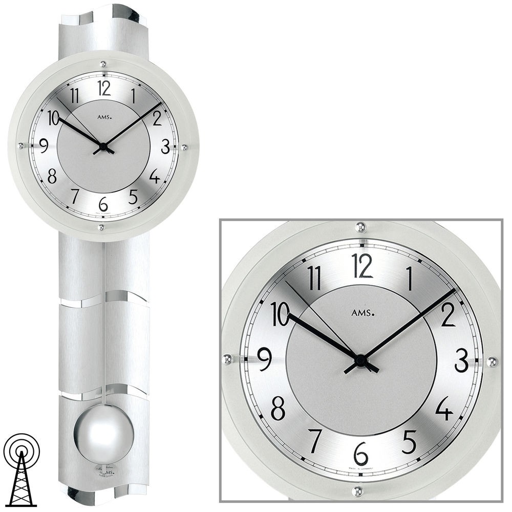 Funkwanduhr mit Pendel analog silbern Pendeluhr mit Glas Aluminium