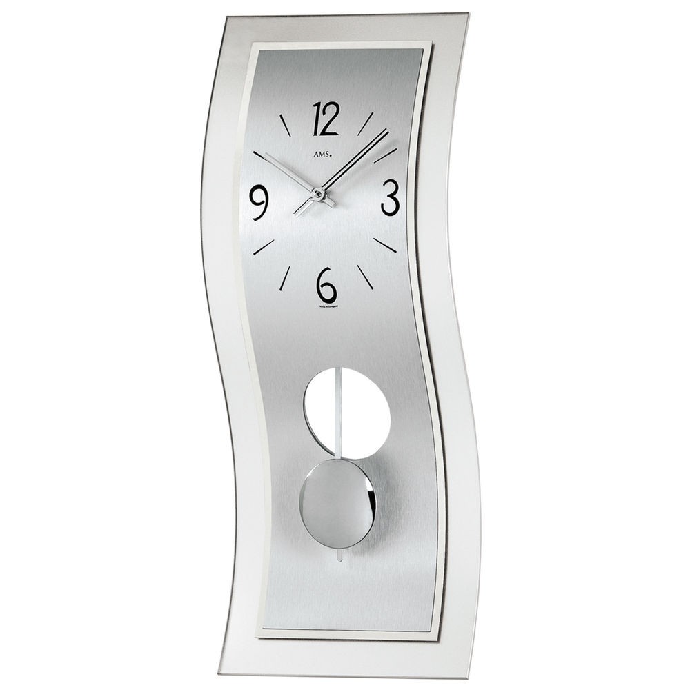 Pendeluhr Quarz mit Pendel silbern modern geschwungen mit Aluminium