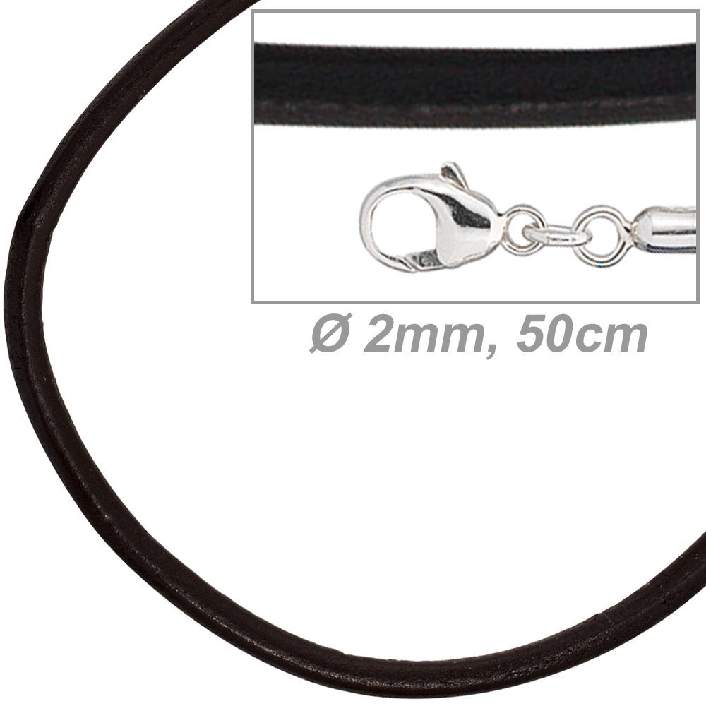 Leder Halskette Kette Schnur schwarz 50cm, Karabiner 925 Sterling Silber