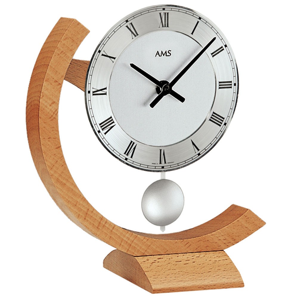 Tischuhr Quarz analog mit Pendel modern Holz Buche massiv mit Aluminium