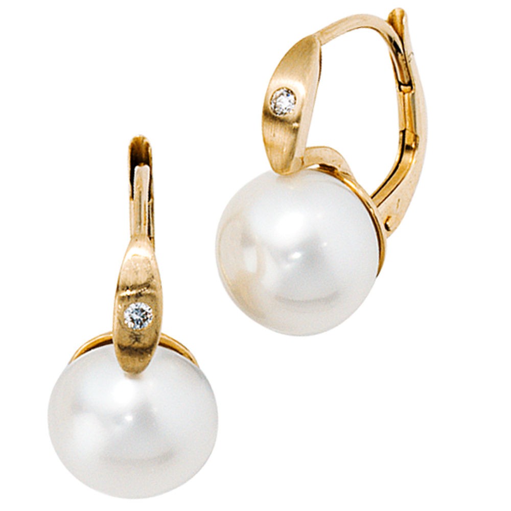 Gelbgold 2 Ohrhänger 585/- Süßwasser Ohrringe Perlen 2 Diamanten Boutons JOBO