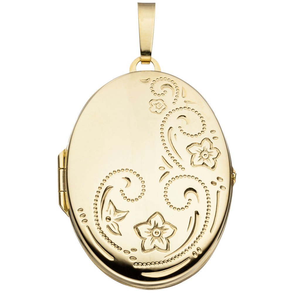 Medaillon oval Blumen 333 Gelbgold Anhänger zum Öffnen