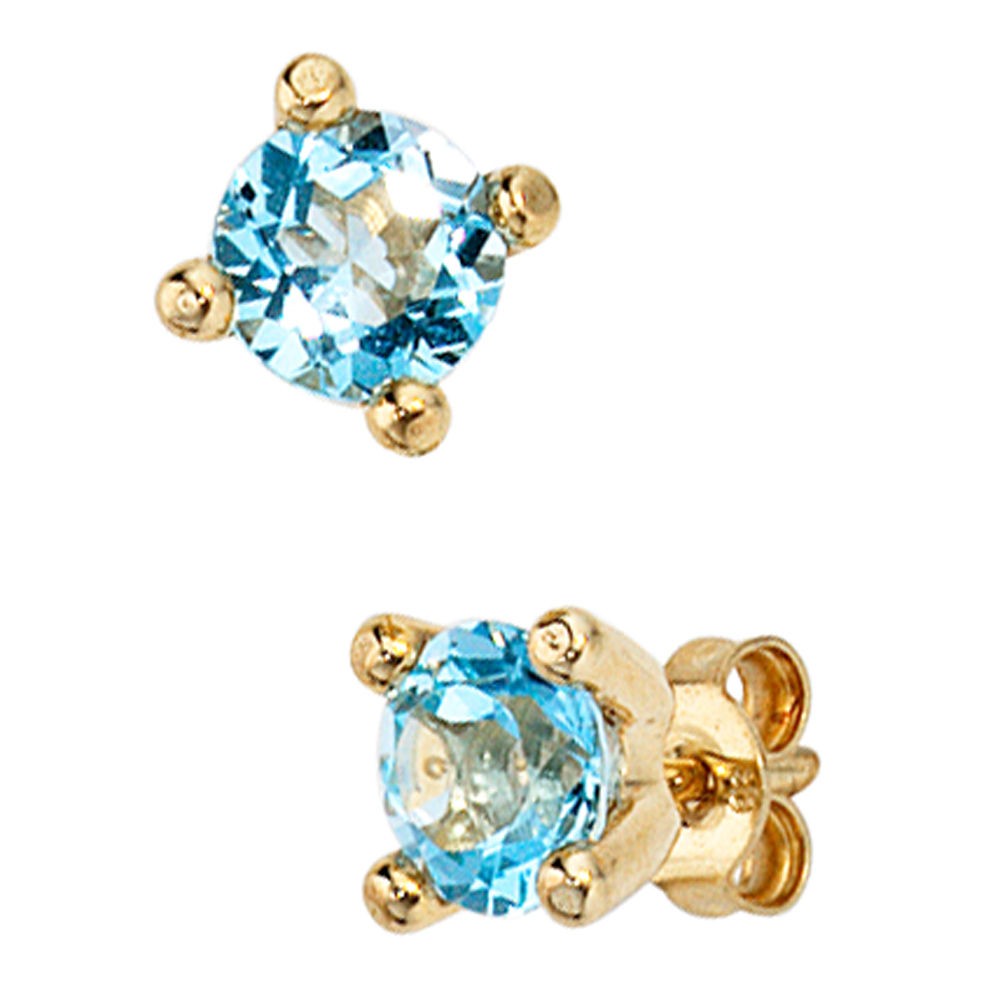 Ohrstecker rund 333 Gelbgold 2 Blautopase hellblau blau Ohrringe
