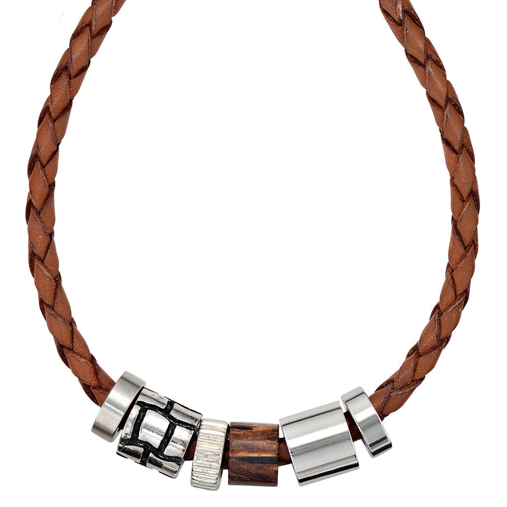 JOBO Collier Halskette Leder braun mit Edelstahl und Holz 45cm Kette  Lederkette