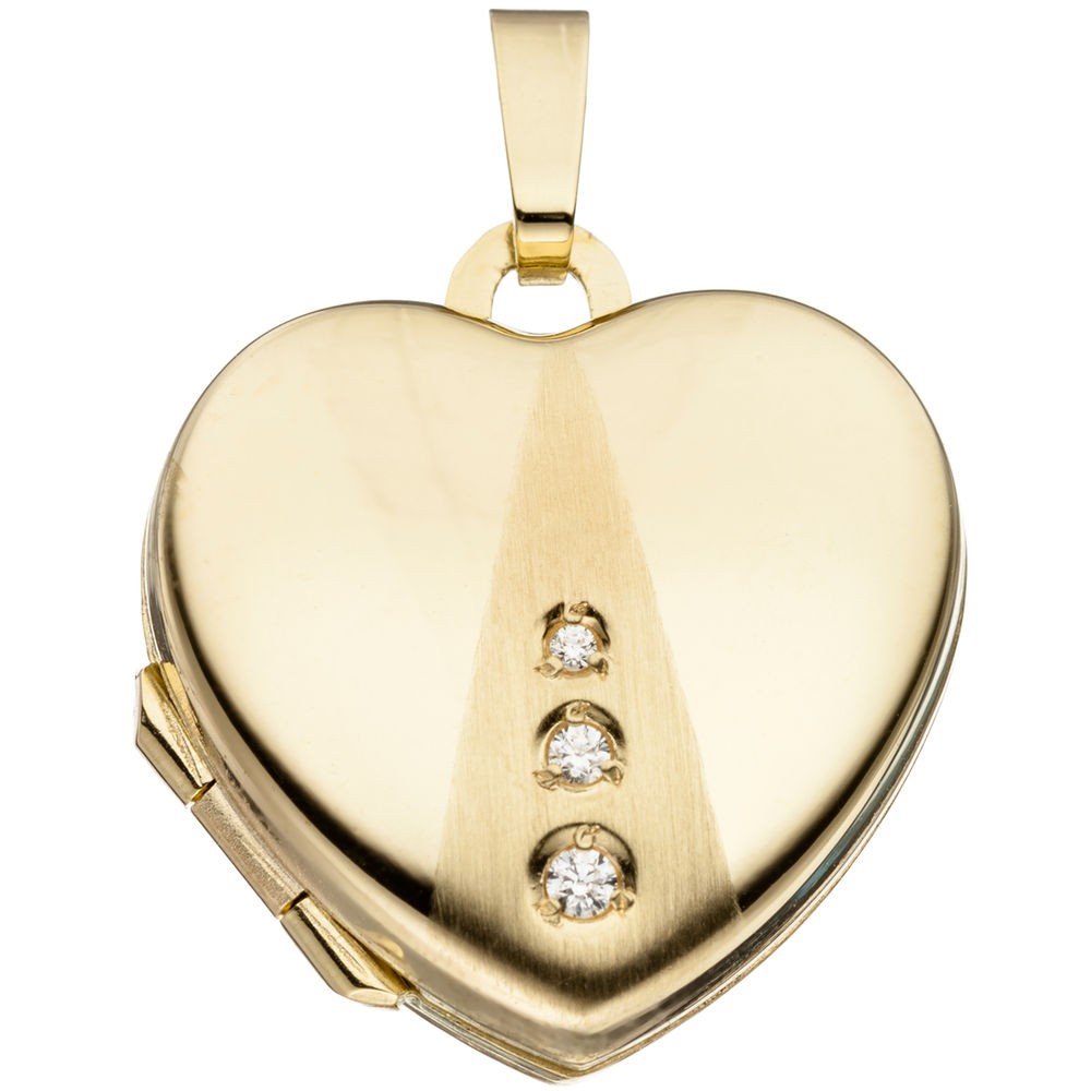 Medaillon Herz 333 Gelbgold mattiert 3 Zirkonia Anhänger zum Öffnen