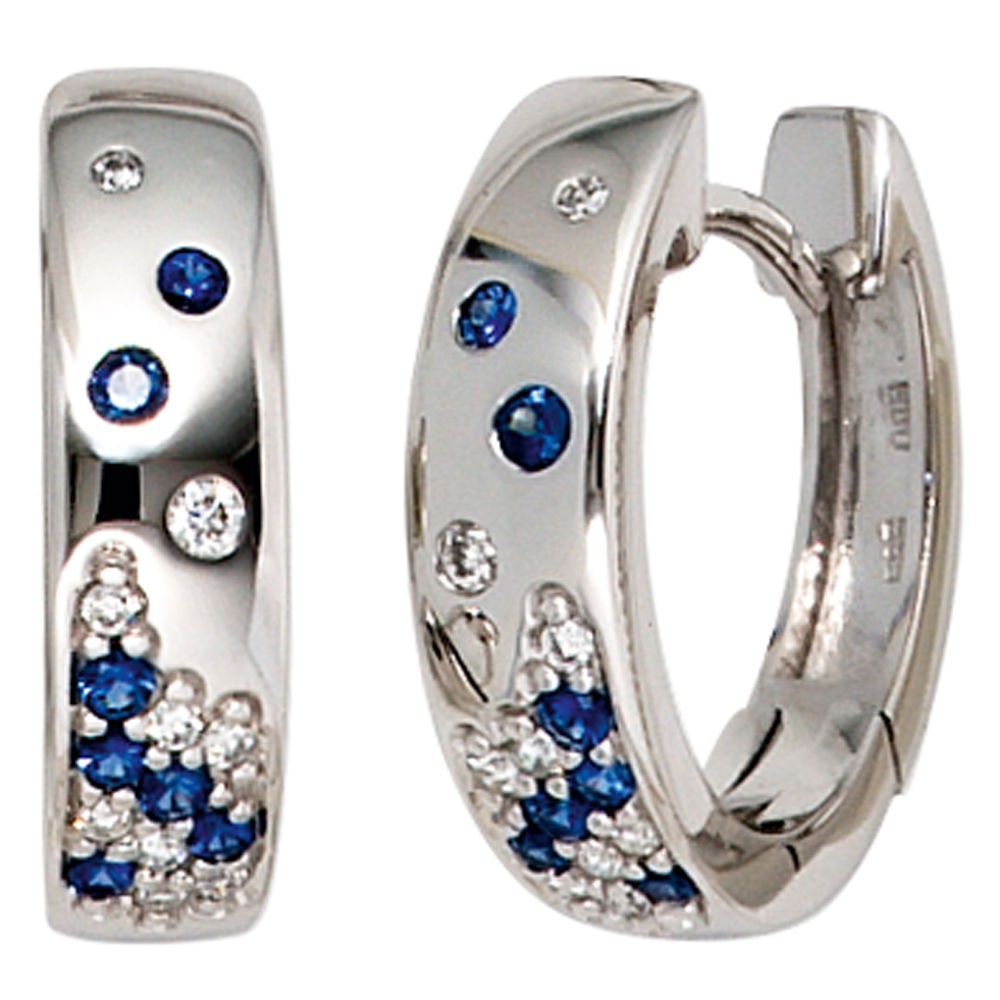 Creolen 585 Weißgold 18 Diamanten Brillanten 14 Safire blau Ohrringe